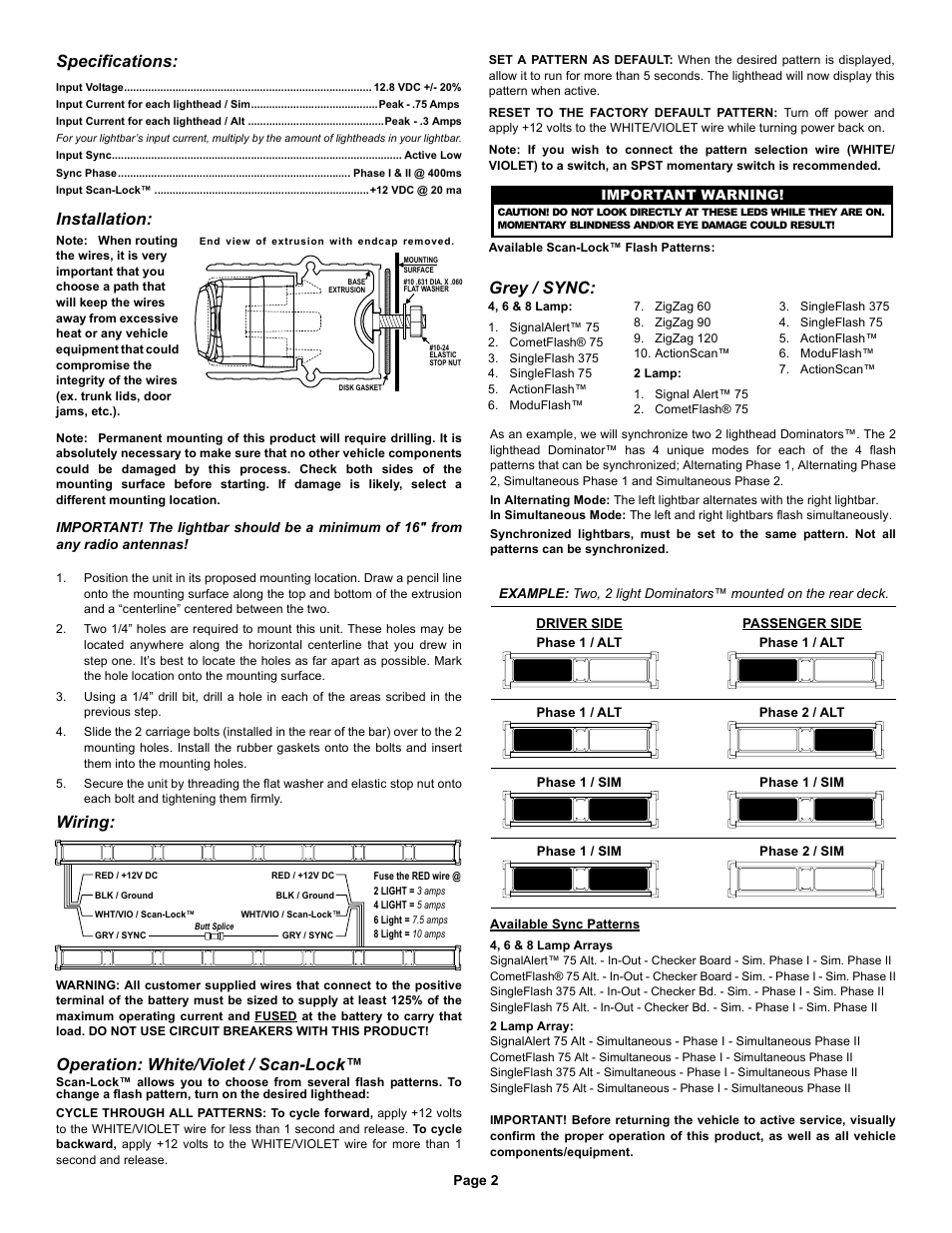 Specifications, Installation, Wiring | Grey / sync, Operation: white/violet / scan-lock | Whelen DP2AA User Manual | Page 2 / 3