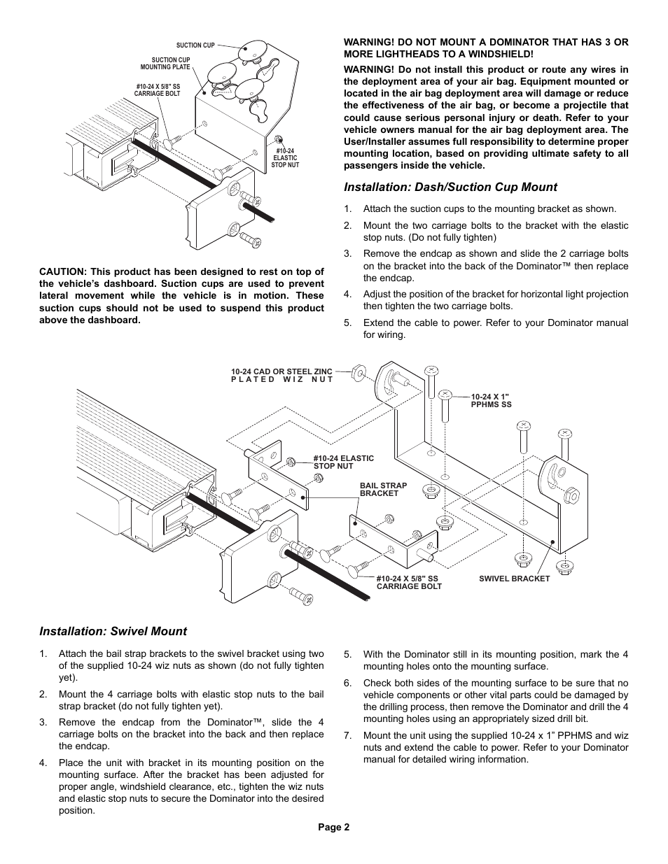 Installation: swivel mount, Installation: dash/suction cup mount | Whelen DBKT3 User Manual | Page 2 / 2