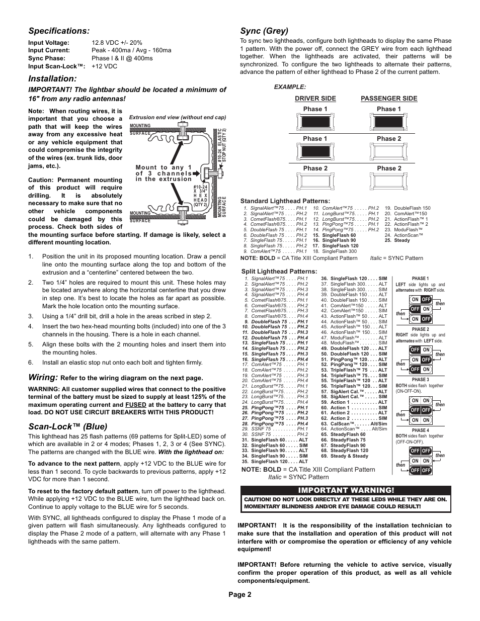 Specifications, Installation, Wiring | Scan-lock™ (blue), Sync (grey), Page 2, Important warning | Whelen R1A User Manual | Page 2 / 3