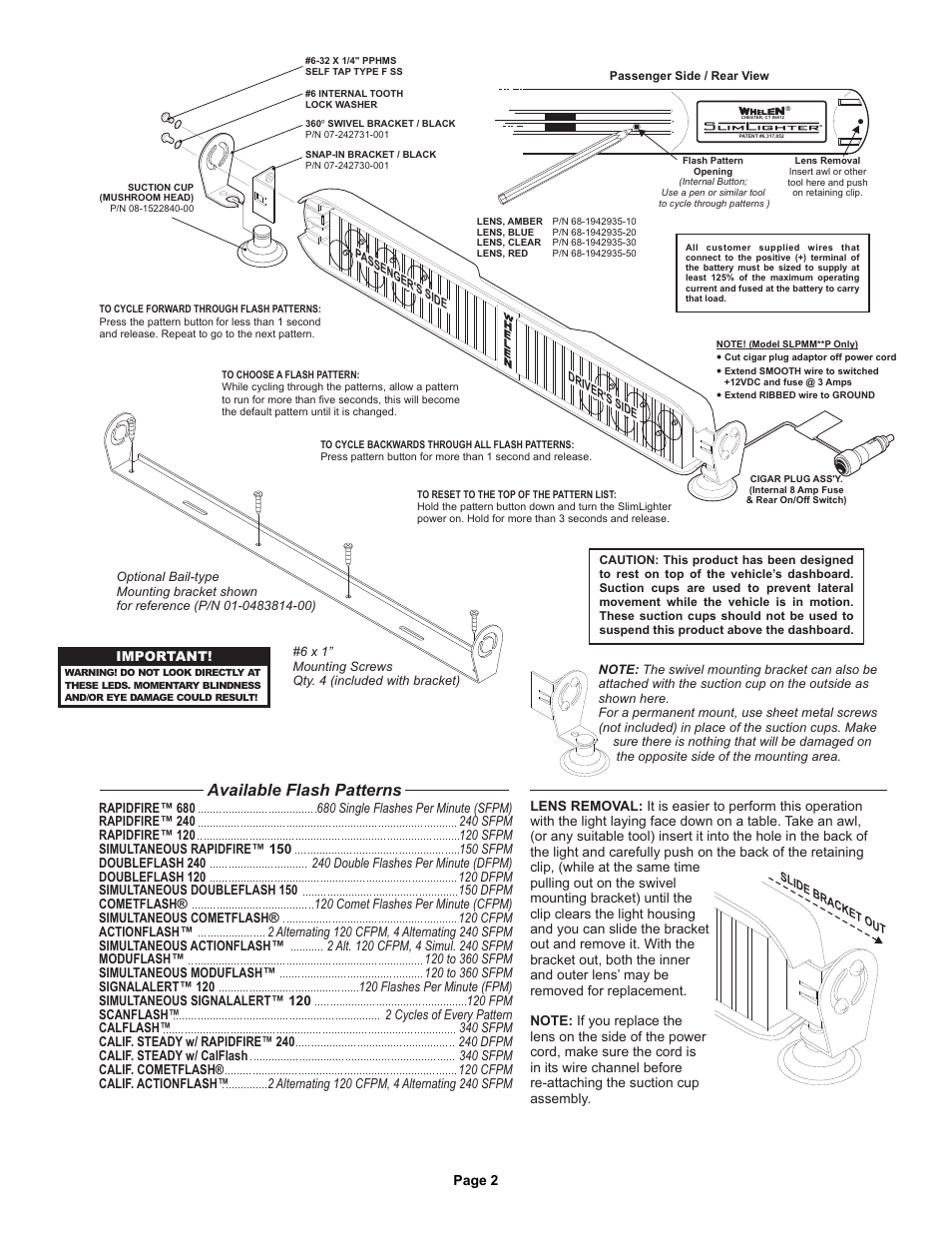 Available flash patterns | Whelen SLPMMAA User Manual | Page 2 / 2