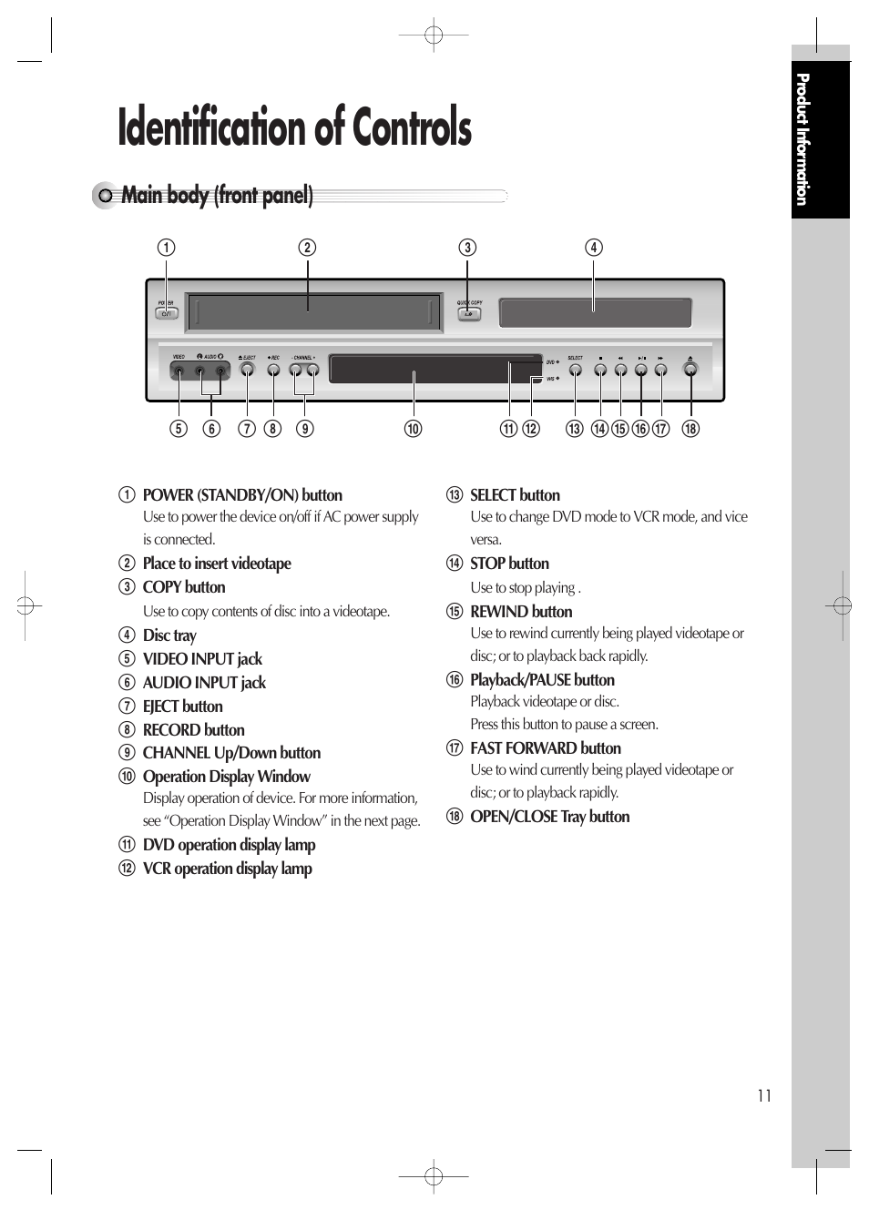 Identification of controls, Main body (front panel) | Daewoo DV6T811N User Manual | Page 12 / 81