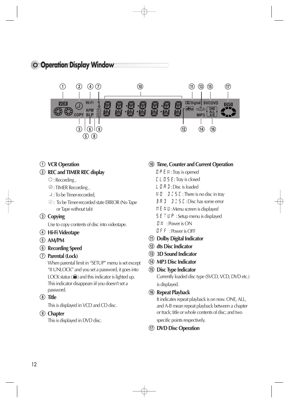 Operation display window | Daewoo DV6T811N User Manual | Page 13 / 81