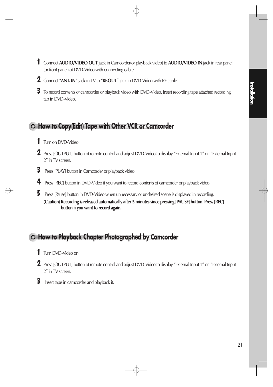 How to copy(edit) tape with other vcr or camcorder, How to playback chapter photographed by camcorder | Daewoo DV6T811N User Manual | Page 22 / 81