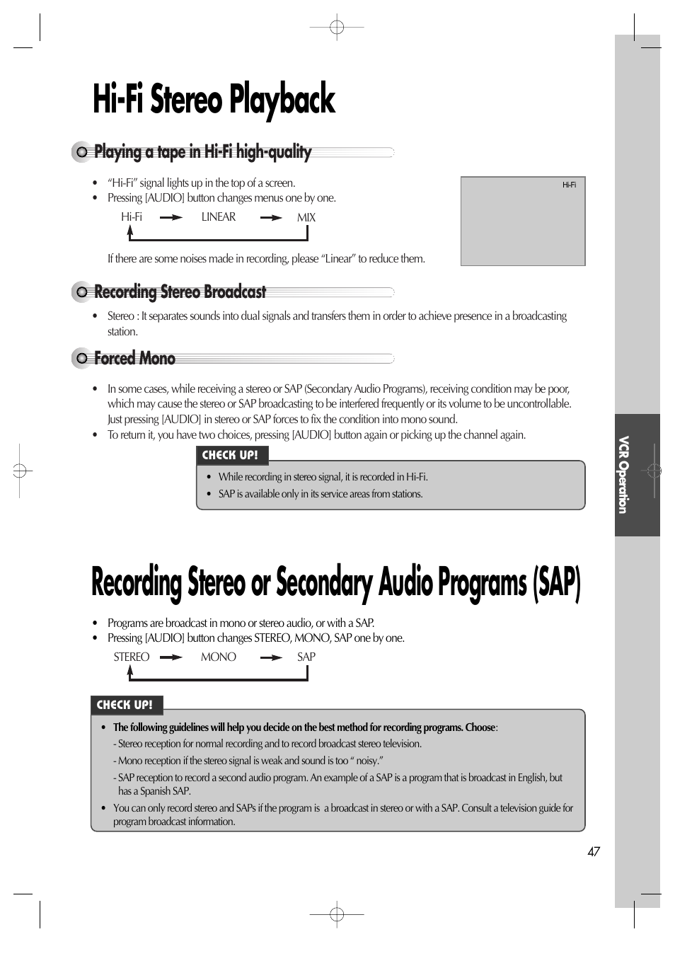 Hi-fi stereo playback, Recording stereo or secondary audio programs (sap), Playing a tape in hi-fi high-quality | Forced mono, Recording stereo broadcast | Daewoo DV6T811N User Manual | Page 48 / 81