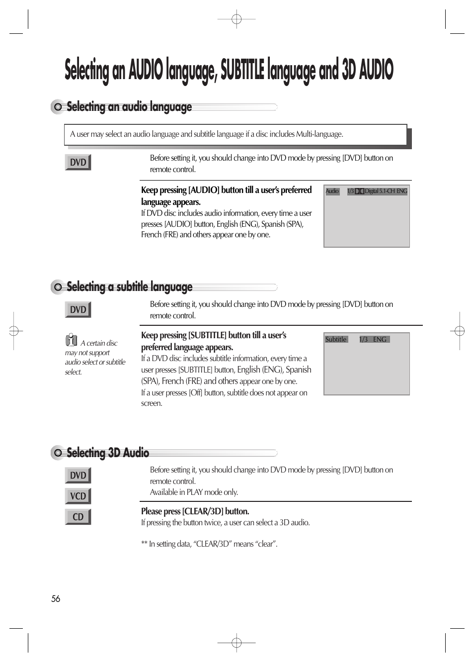 Selecting an audio language, Selecting a subtitle language, Selecting 3d audio | Daewoo DV6T811N User Manual | Page 57 / 81