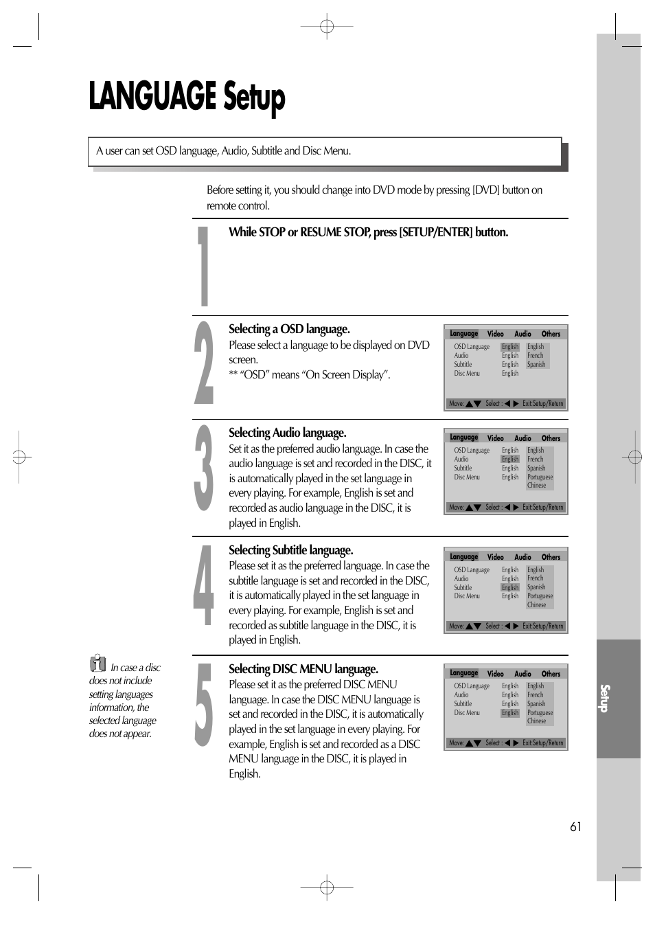 Language setup | Daewoo DV6T811N User Manual | Page 62 / 81
