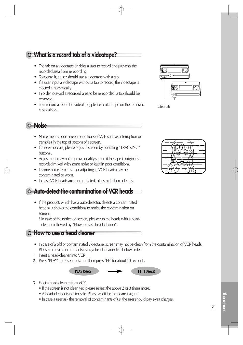 Noise, Auto-detect the contamination of vcr heads, How to use a head cleaner | What is a record tab of a videotape | Daewoo DV6T811N User Manual | Page 72 / 81