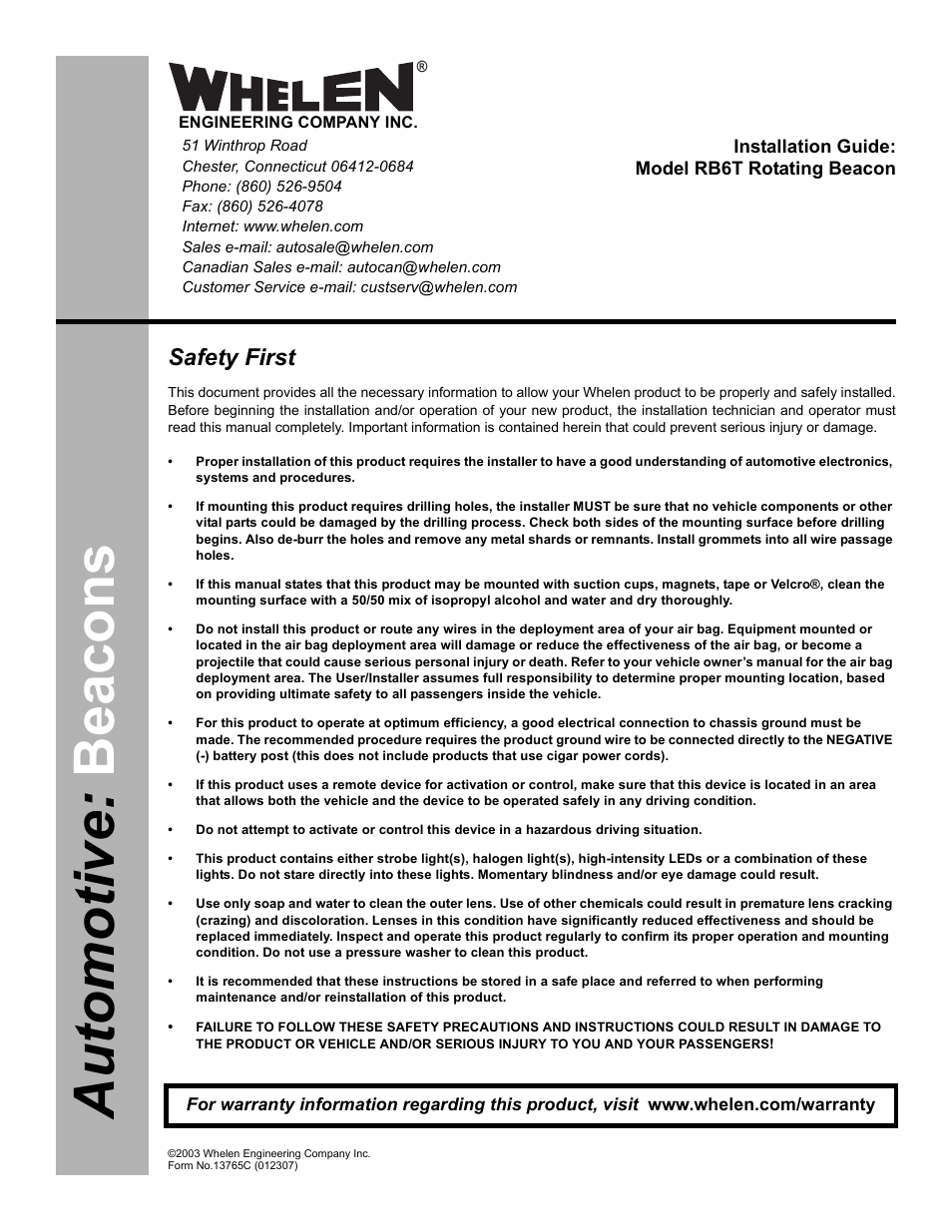 Whelen RB6TAP User Manual | 2 pages