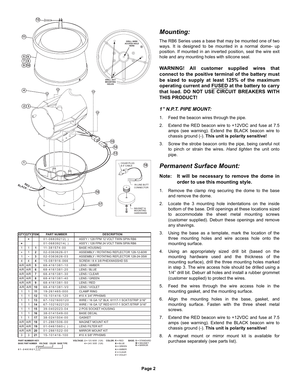 Mounting, Permanent surface mount, Page 2 | Whelen RB6TAP User Manual | Page 2 / 2