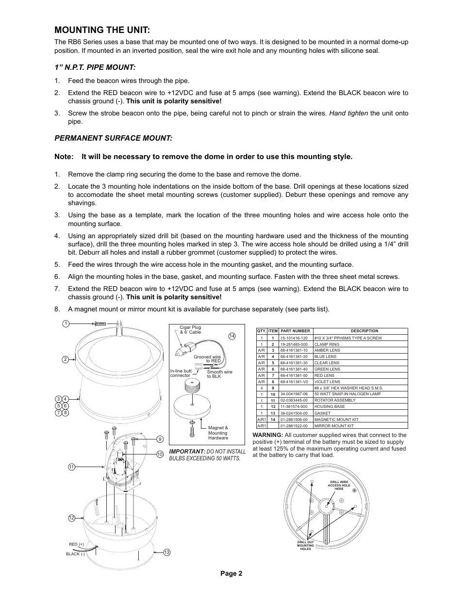 Mounting the unit, 1” n.p.t. pipe mount, Page 2 | Whelen RB6PAP User Manual | Page 2 / 2