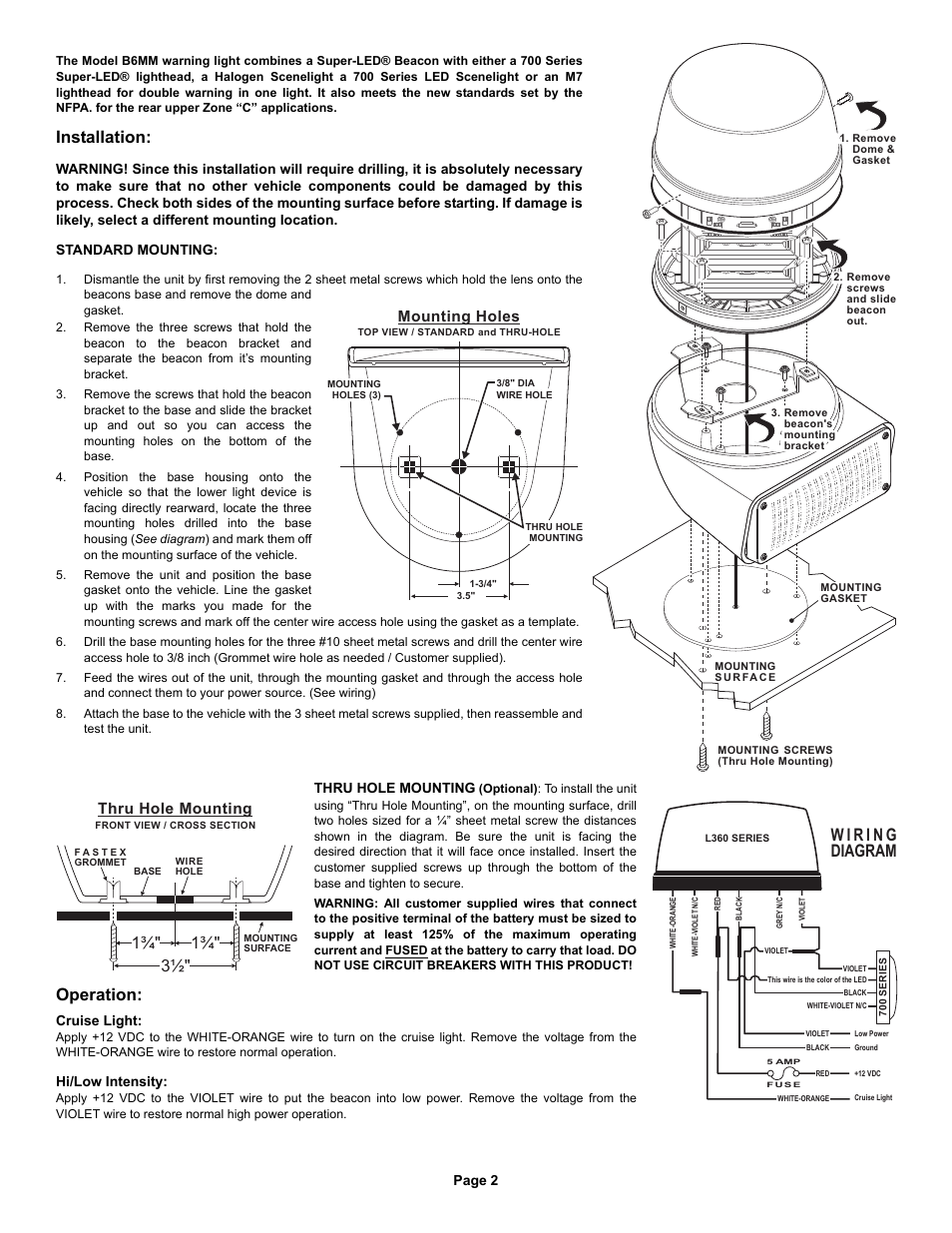 Installation, Operation, Mounting holes | Thru hole mounting | Whelen B6MMAAP User Manual | Page 2 / 5