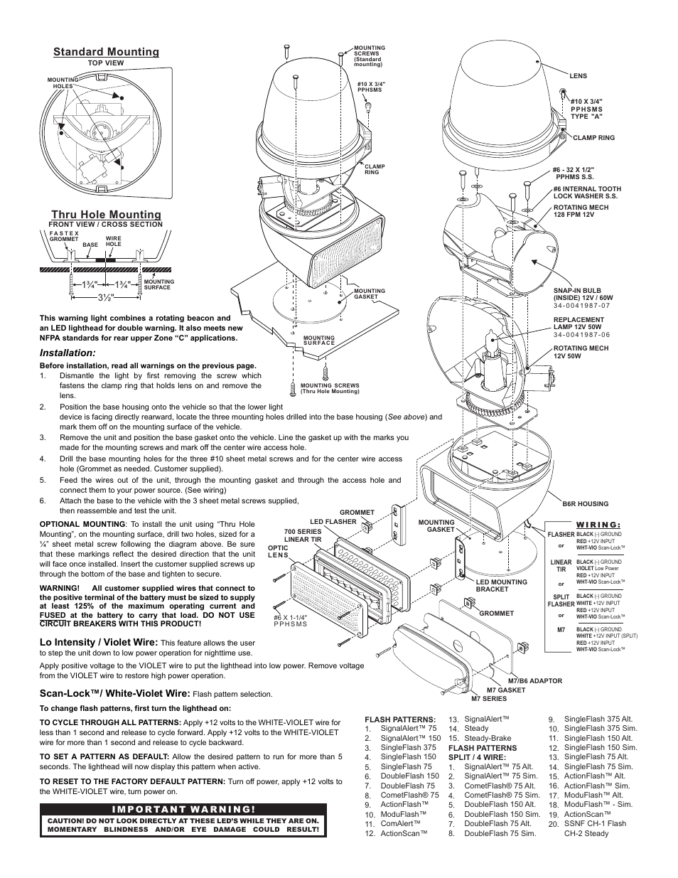 Standard mounting thru hole mounting, Page 2, Installation | Lo intensity / violet wire, Scan-lock™/ white-violet wire | Whelen B6TMAA1P User Manual | Page 2 / 4