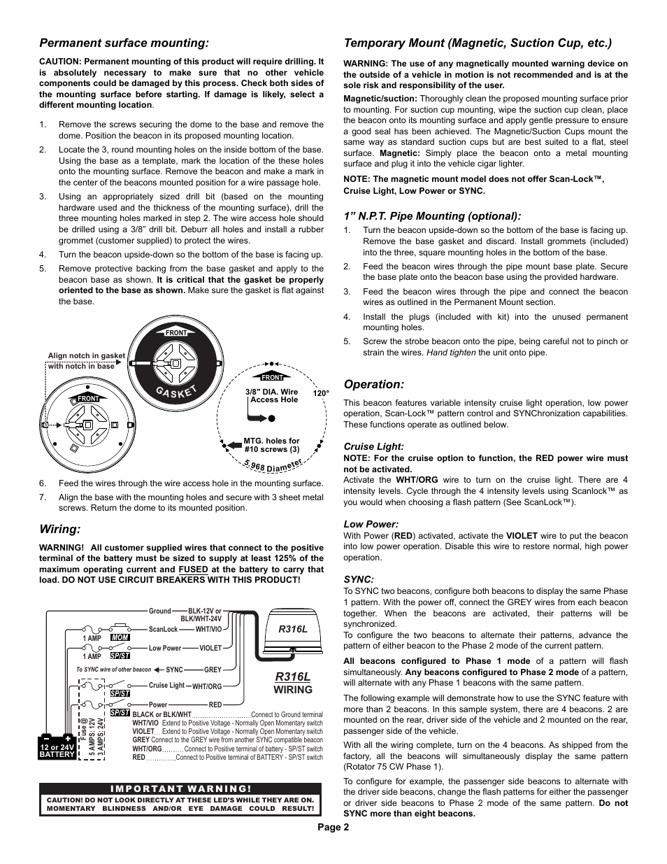 Permanent surface mounting, Wiring, Temporary mount (magnetic, suction cup, etc.) | Operation, R316l | Whelen B63M7AA User Manual | Page 2 / 3