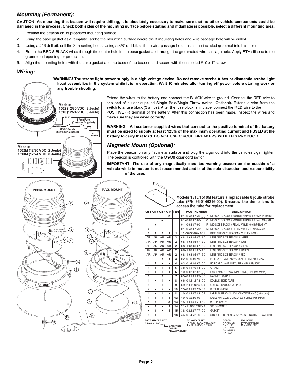 Mounting (permanent), Wiring, Magnetic mount (optional) | Page 2 | Whelen 1510A User Manual | Page 2 / 2