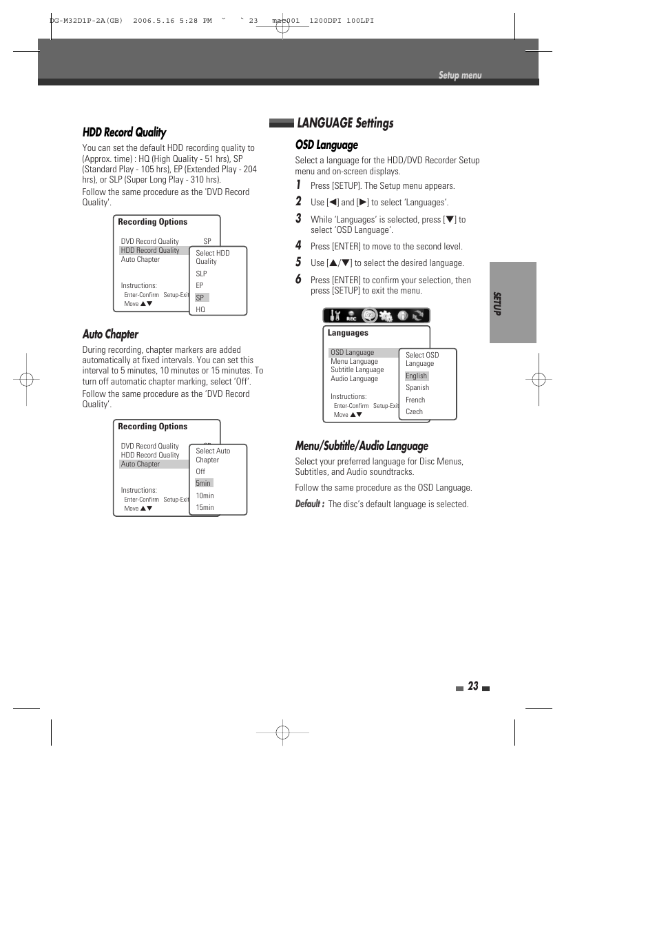 Language settings, Hdd record quality, Auto chapter | Osd language, Menu/subtitle/audio language | Daewoo DHR-9105P User Manual | Page 24 / 64
