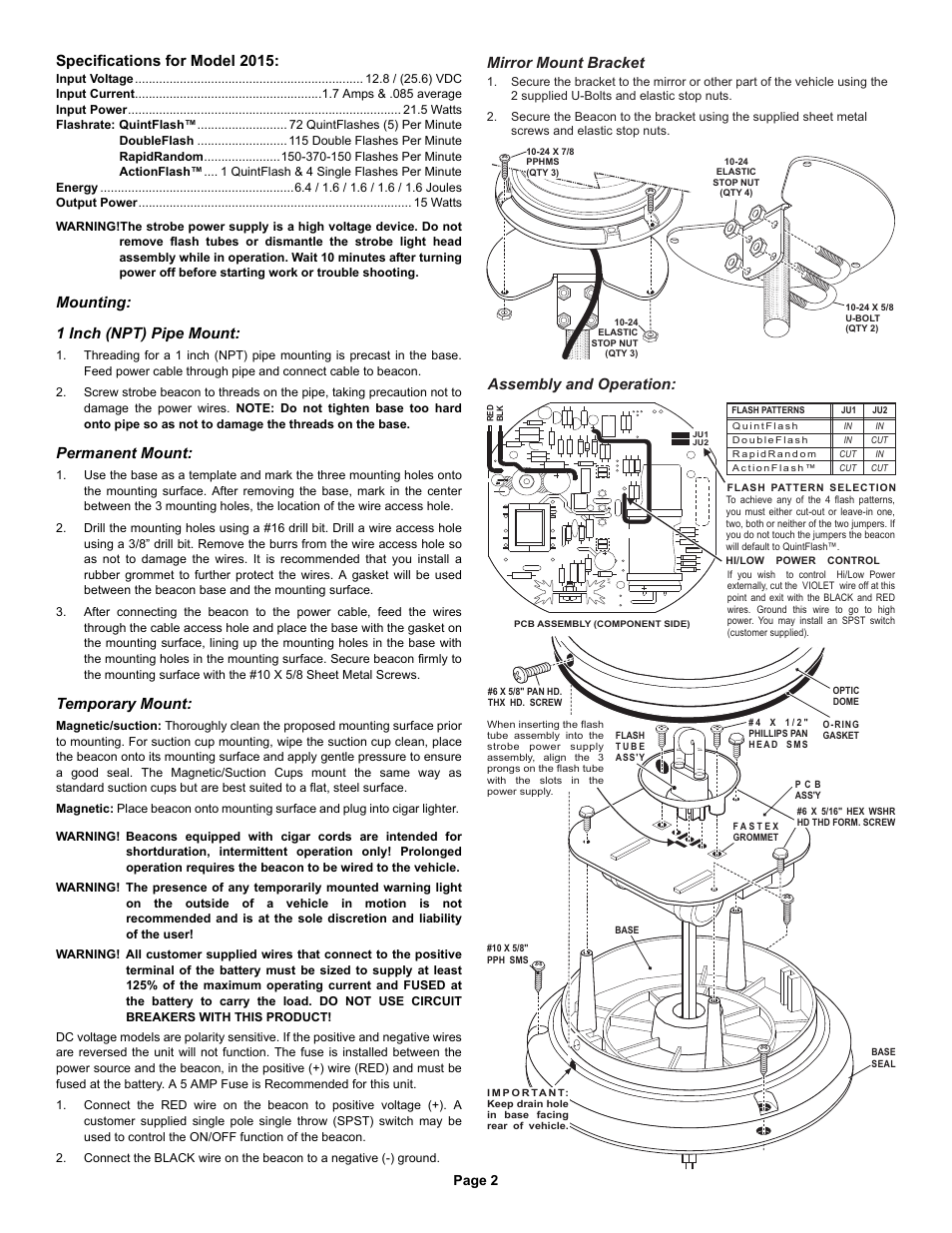 Mounting: 1 inch (npt) pipe mount, Permanent mount, Temporary mount | Mirror mount bracket | Whelen 2015LPA User Manual | Page 2 / 3