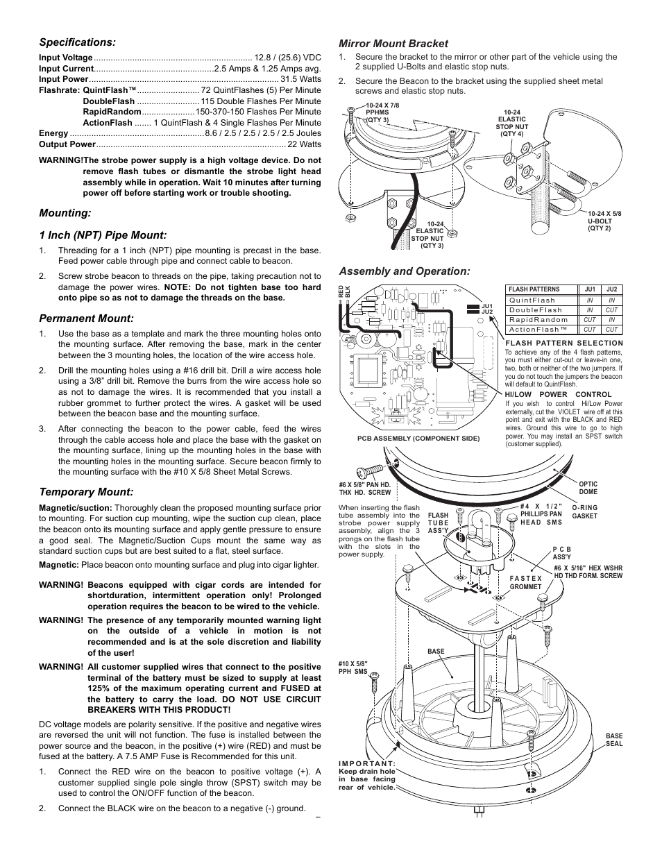 Assembly and operation: specifications, Mounting: 1 inch (npt) pipe mount, Permanent mount | Temporary mount, Mirror mount bracket | Whelen 2022LPA User Manual | Page 2 / 3