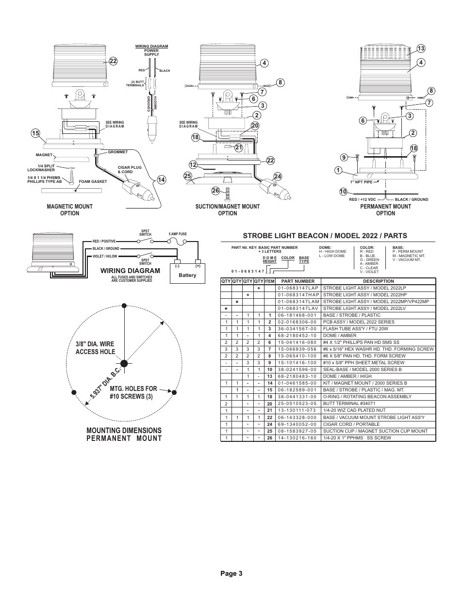 Mounting dimensions permanent mount, Page 3, Wiring diagram | Whelen 2022LPA User Manual | Page 3 / 3