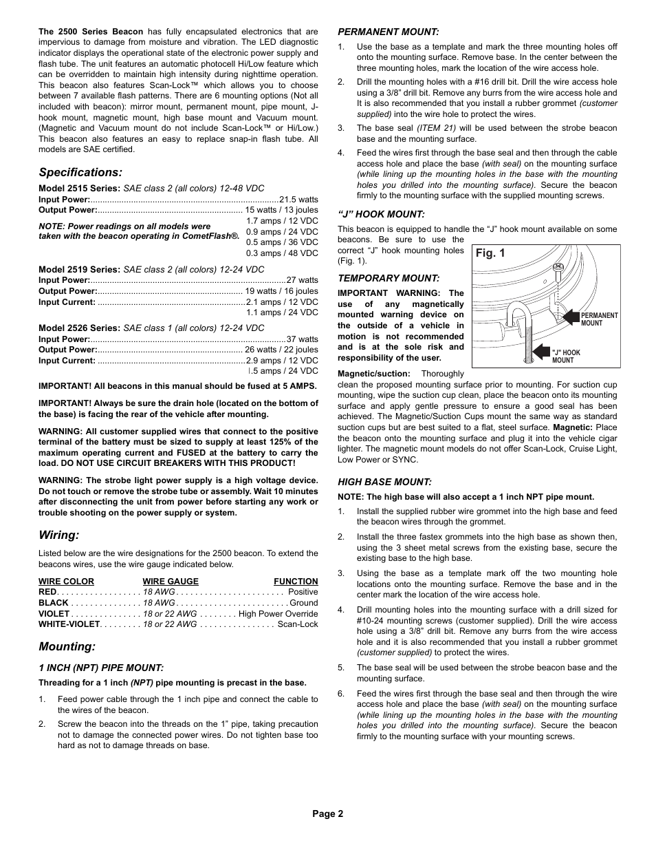 Specifications, Wiring, Mounting | Whelen 2519LPA User Manual | Page 2 / 4