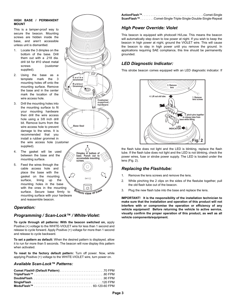 Operation: programming / scan-lock™ / white-violet, High power override: violet, Led diagnostic indicator | Replacing the flashtube, Fig. 2 | Whelen 2519LPA User Manual | Page 3 / 4