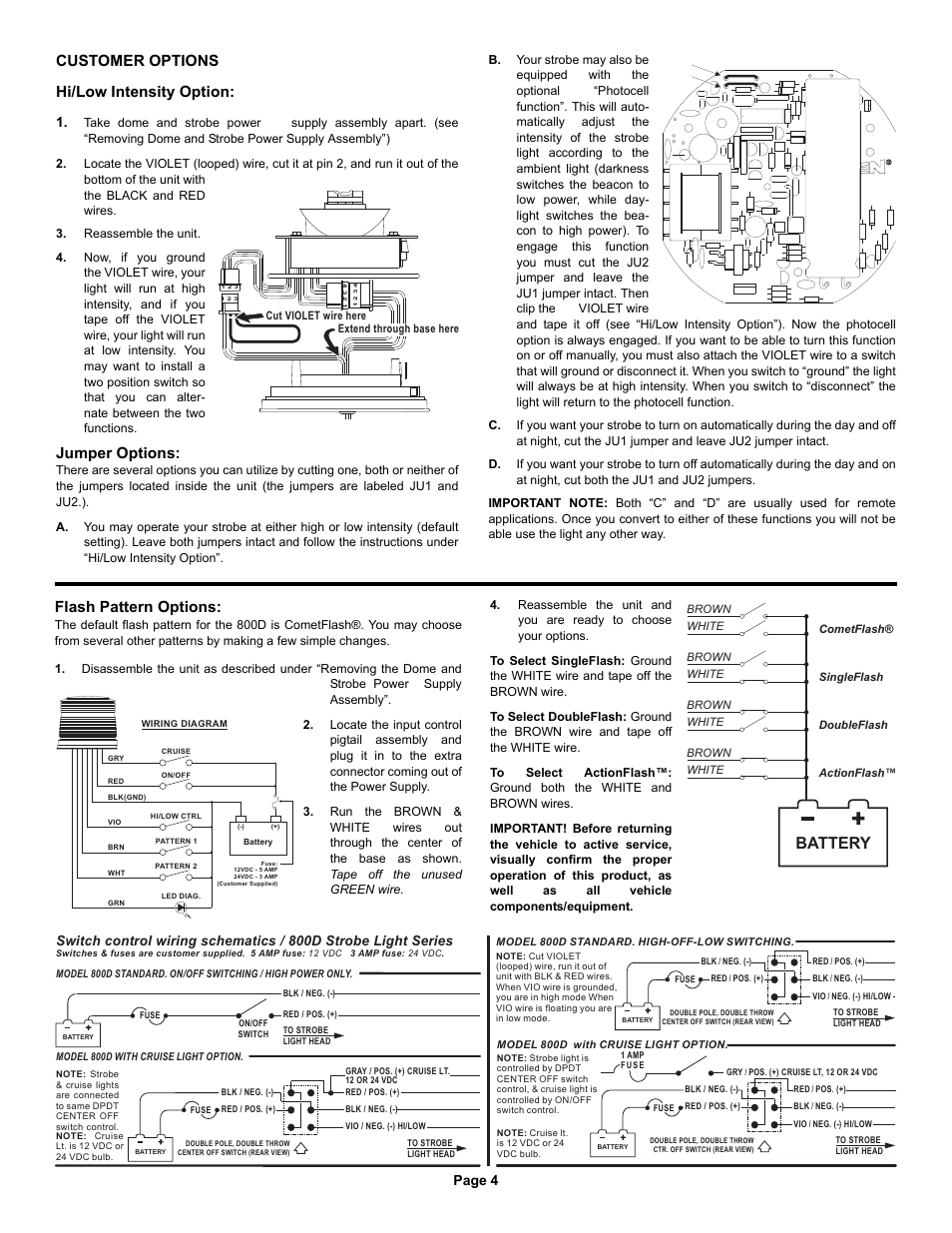 Fig. 12, Battery, Flash pattern options | Customer options hi/low intensity option, Jumper options, Page 4 | Whelen 800DHAP User Manual | Page 4 / 4