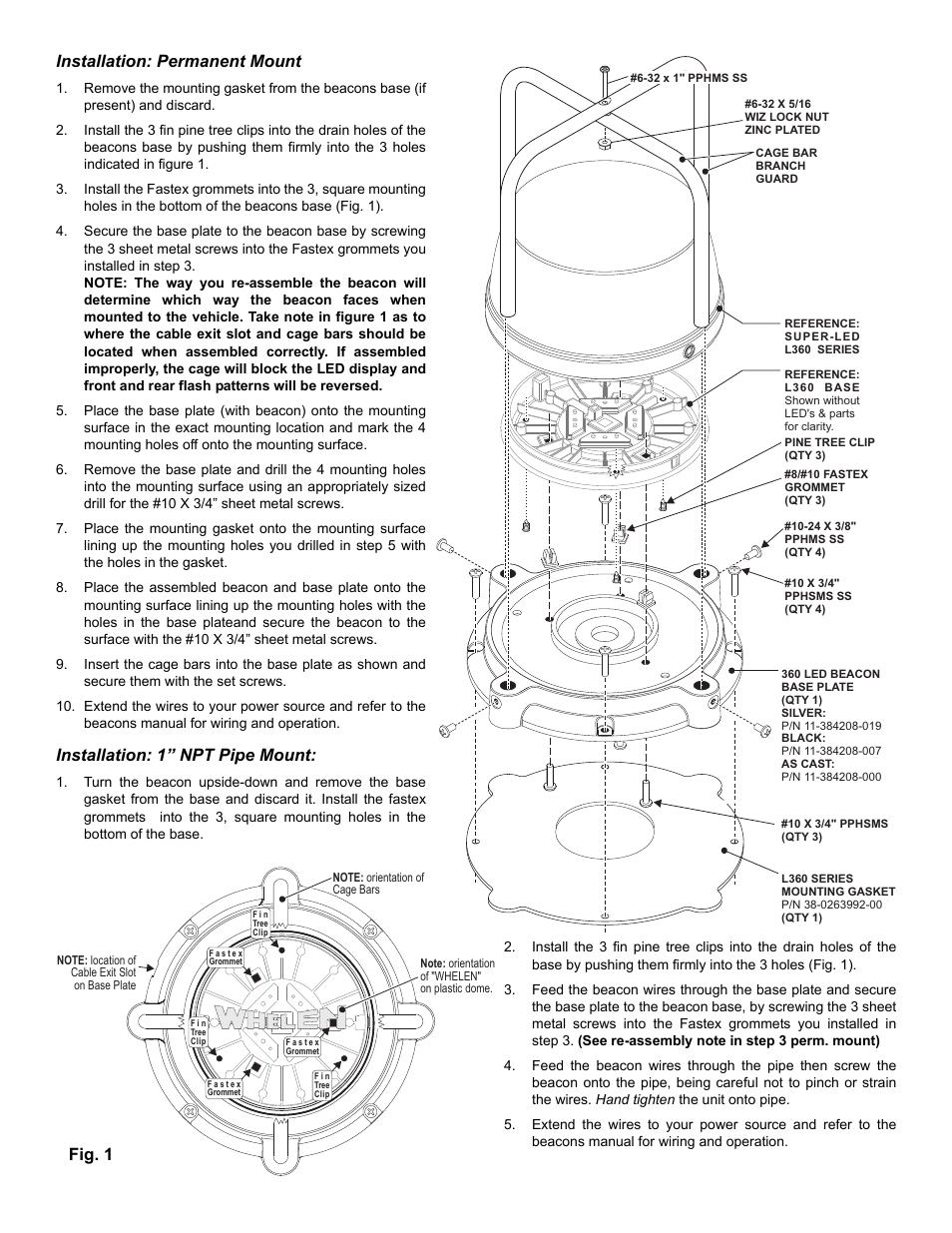 Installation: permanent mount, Installation: 1” npt pipe mount, Fig. 1 | Whelen L360BGB User Manual | Page 2 / 2