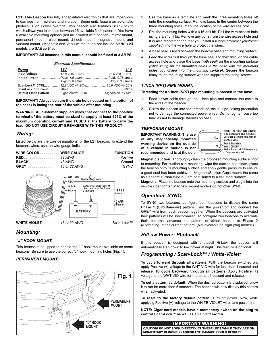 Fig. 1, Wiring, Mounting | Operation: sync, Hi/low power: photocell, Programming / scan-lock™ / white-violet | Whelen L21HAP User Manual | Page 2 / 4