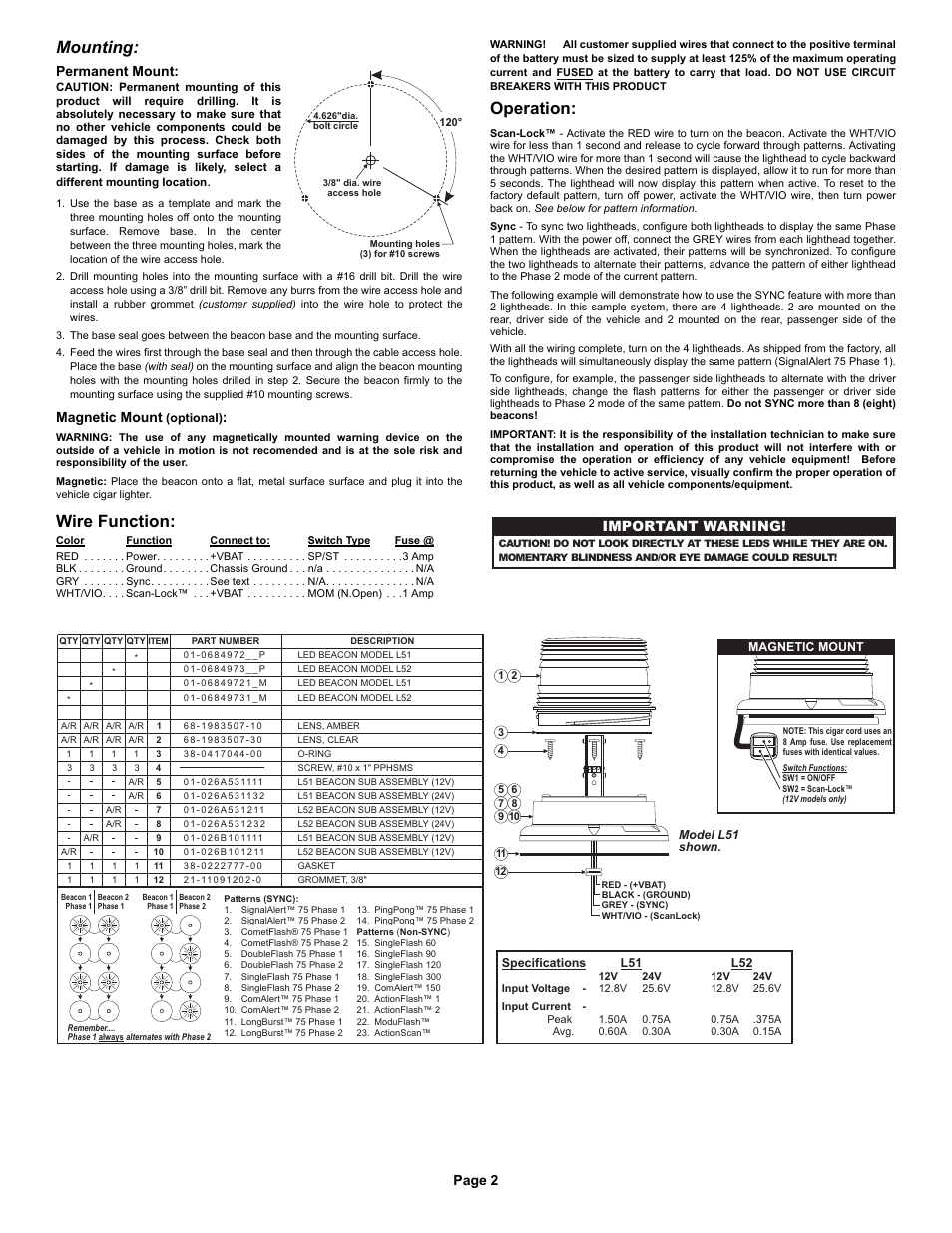 Operation, Mounting, Wire function | Page 2, Important warning, Permanent mount, Magnetic mount | Whelen L51AP User Manual | Page 2 / 2