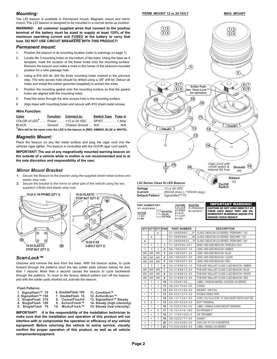 Mirror mount bracket, Mounting, Permanent mount | Magnetic mount, Scan-lock, Page 2 | Whelen L53AP User Manual | Page 2 / 2