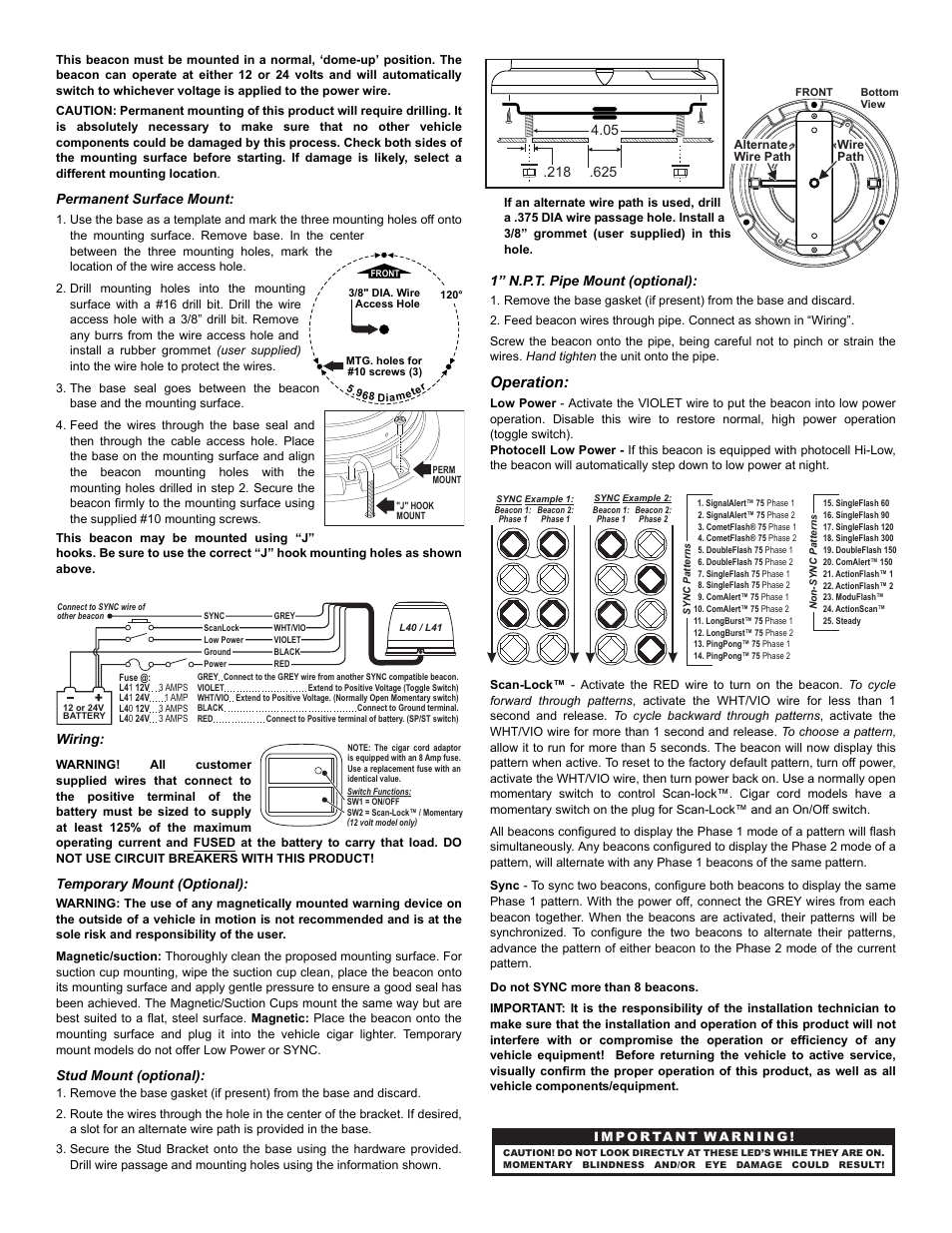 Operation, Page 2, Permanent surface mount | Wiring, Temporary mount (optional), Stud mount (optional), 1” n.p.t. pipe mount (optional) | Whelen L40AP User Manual | Page 2 / 3