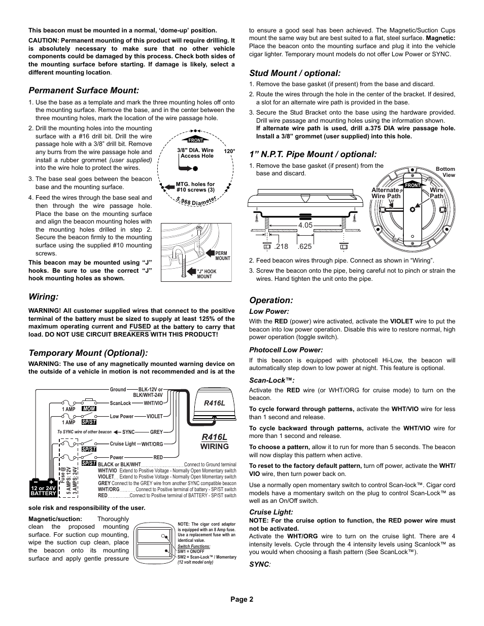 Permanent surface mount, Wiring, Temporary mount (optional) | Stud mount / optional, 1” n.p.t. pipe mount / optional, Operation, R416l | Whelen R416AF User Manual | Page 2 / 3