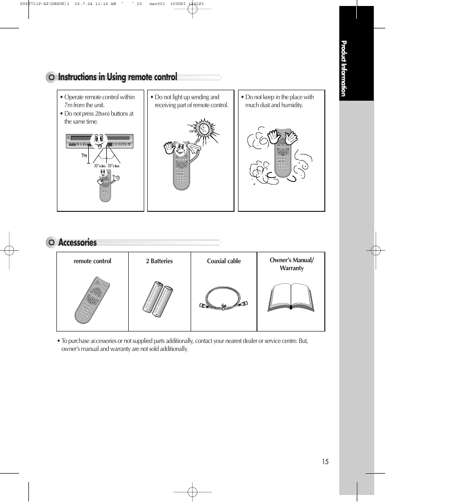 Instructions in using remote control, Accessories | Daewoo SD-2100P User Manual | Page 16 / 78