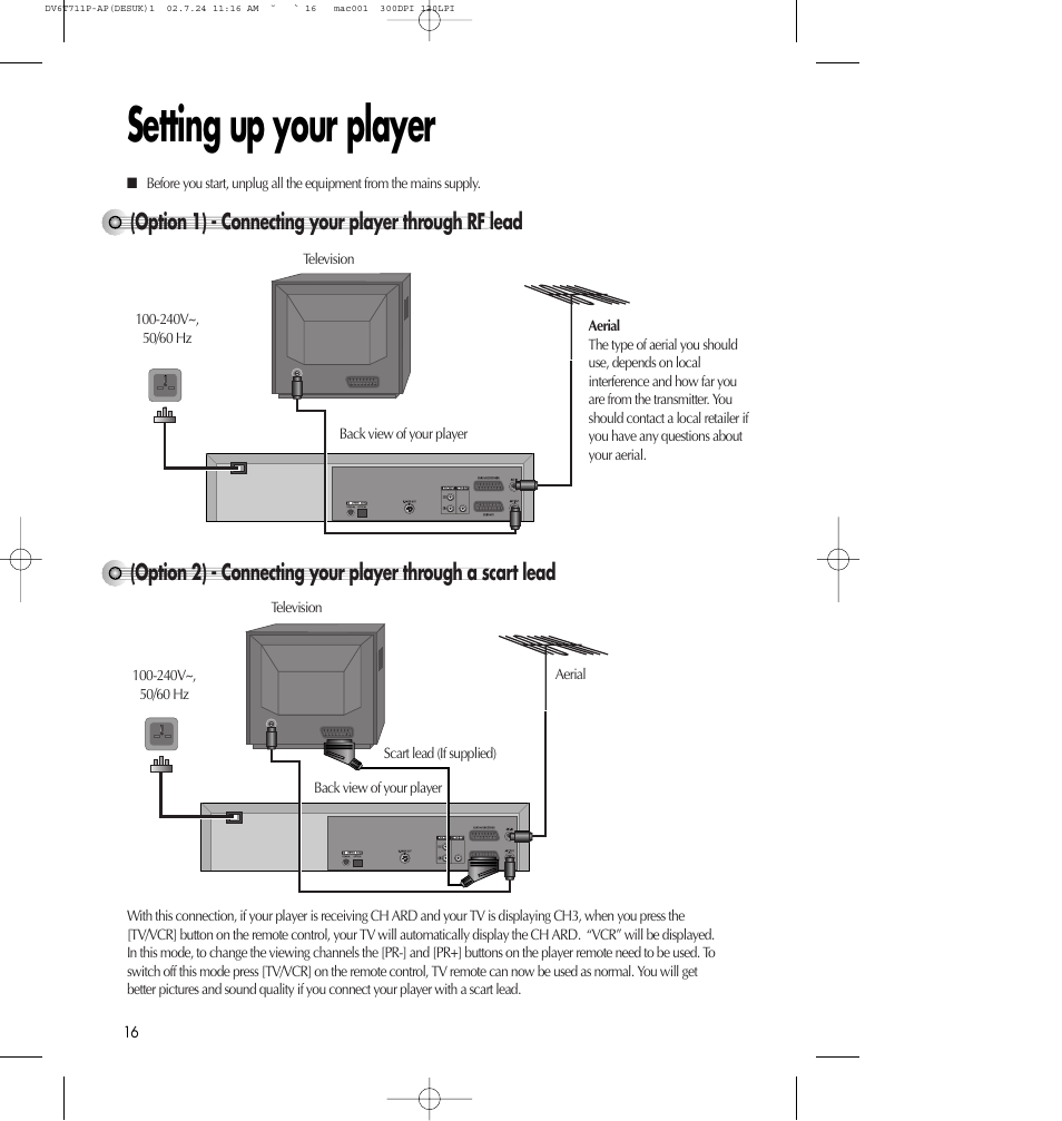 Setting up your player, Option 1) - connecting your player through rf lead | Daewoo SD-2100P User Manual | Page 17 / 78