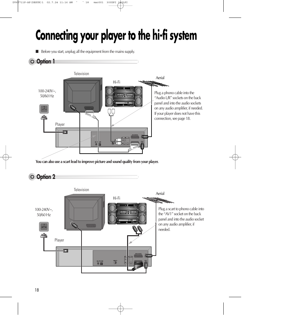 Connecting your player to the hi-fi system, Option 1, Option 2 | Daewoo SD-2100P User Manual | Page 19 / 78