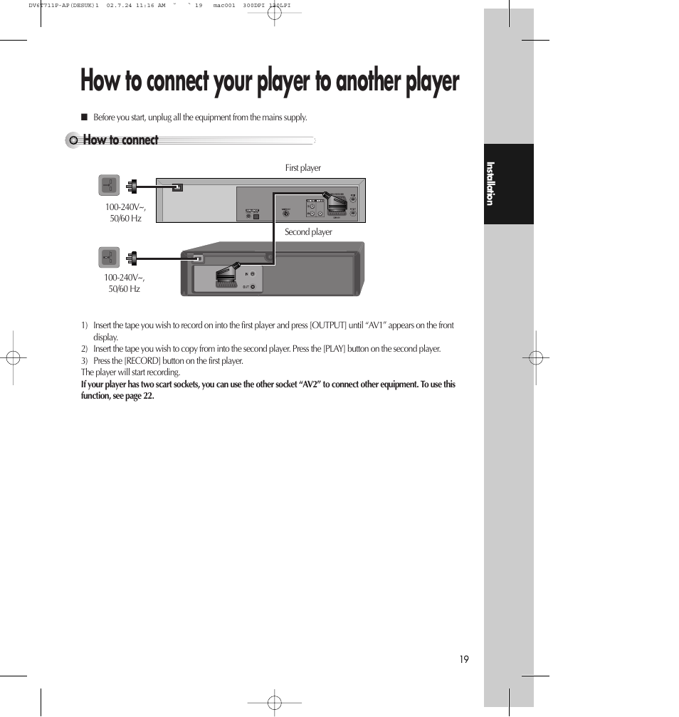 How to connect your player to another player, How to connect | Daewoo SD-2100P User Manual | Page 20 / 78