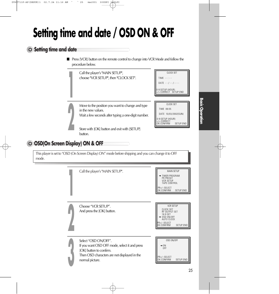 Setting time and date / osd on & off | Daewoo SD-2100P User Manual | Page 26 / 78