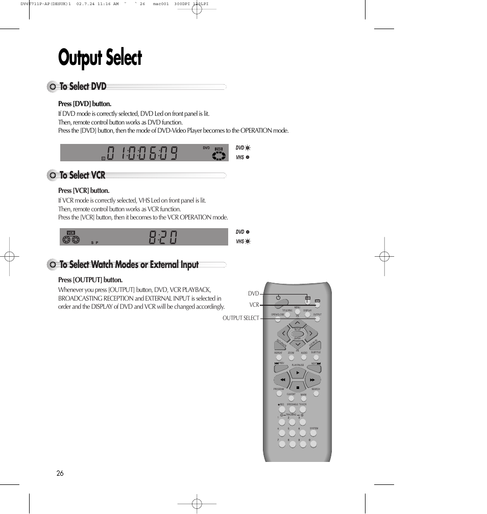 Output select, Press [dvd] button, Press [vcr] button | Press [output] button | Daewoo SD-2100P User Manual | Page 27 / 78