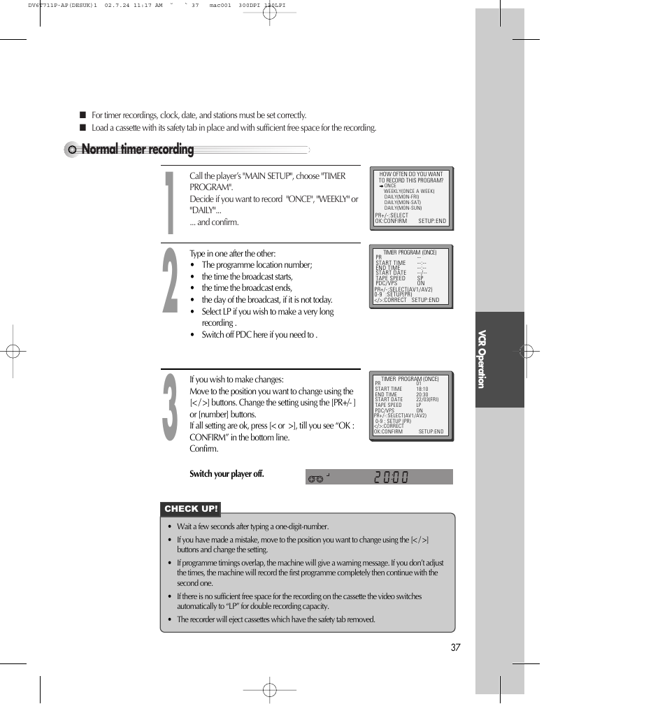 Normal timer recording | Daewoo SD-2100P User Manual | Page 38 / 78
