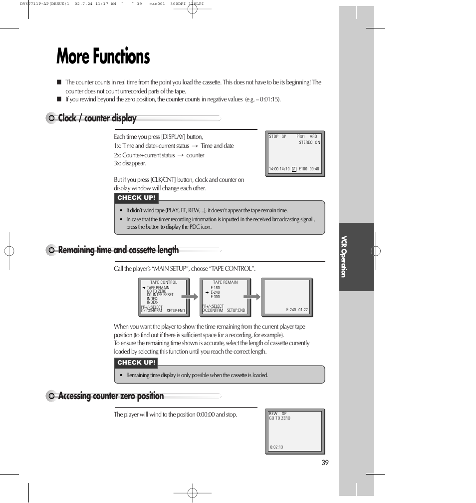 More functions, Clock / counter display, Accessing counter zero position | Remaining time and cassette length | Daewoo SD-2100P User Manual | Page 40 / 78