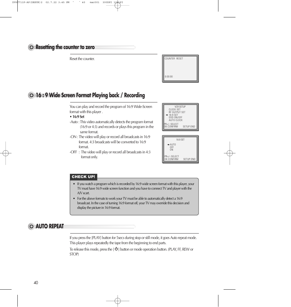 Resetting the counter to zero, Auto repeat, 16 : 9 wide screen format playing back / recording | Daewoo SD-2100P User Manual | Page 41 / 78