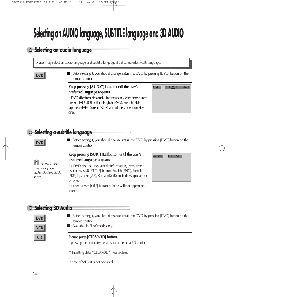 Selecting an audio language, Selecting a subtitle language, Selecting 3d audio | Daewoo SD-2100P User Manual | Page 55 / 78