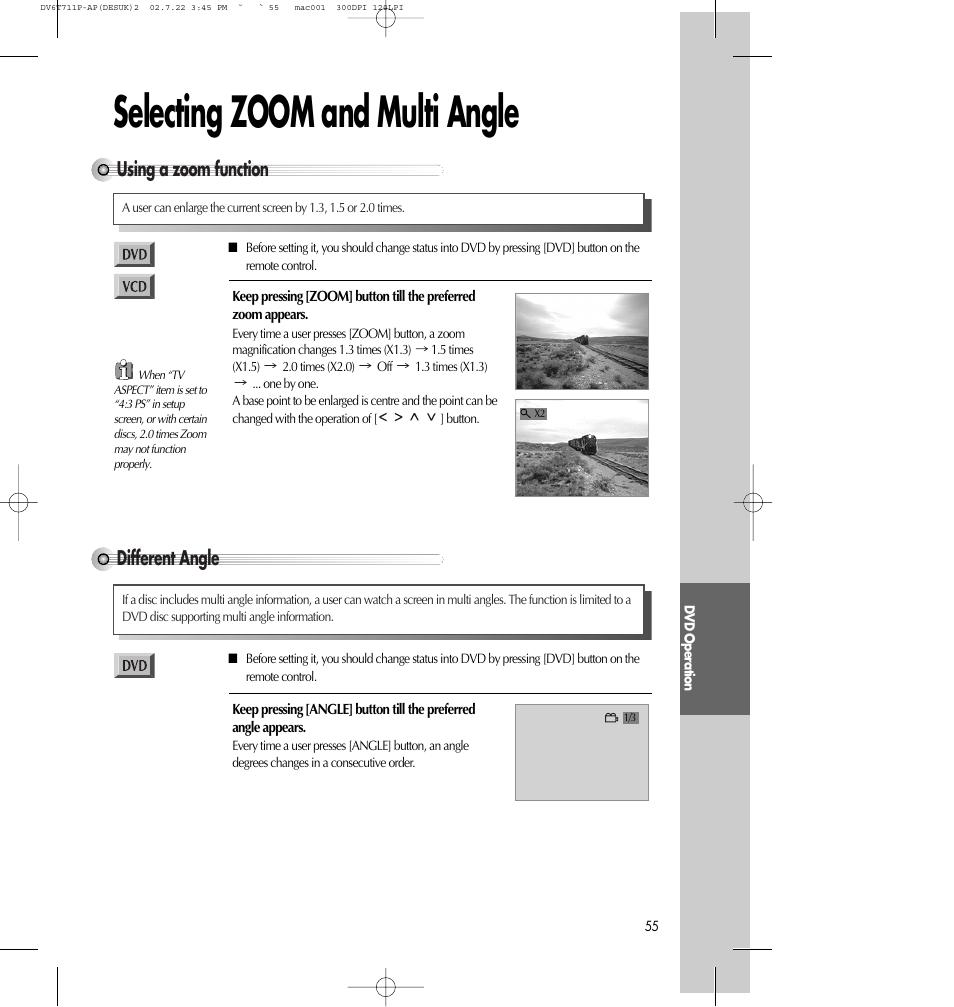 Selecting zoom and multi angle, Using a zoom function, Different angle | Daewoo SD-2100P User Manual | Page 56 / 78