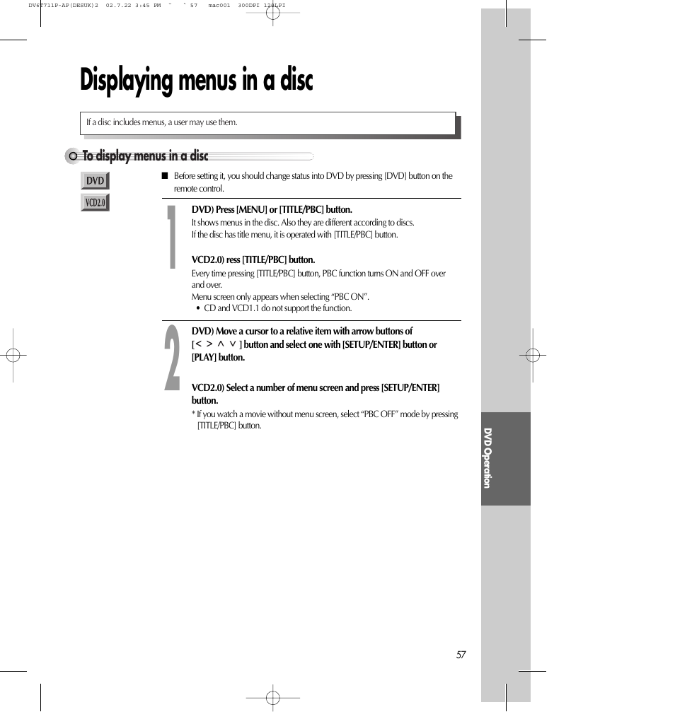 Displaying menus in a disc | Daewoo SD-2100P User Manual | Page 58 / 78