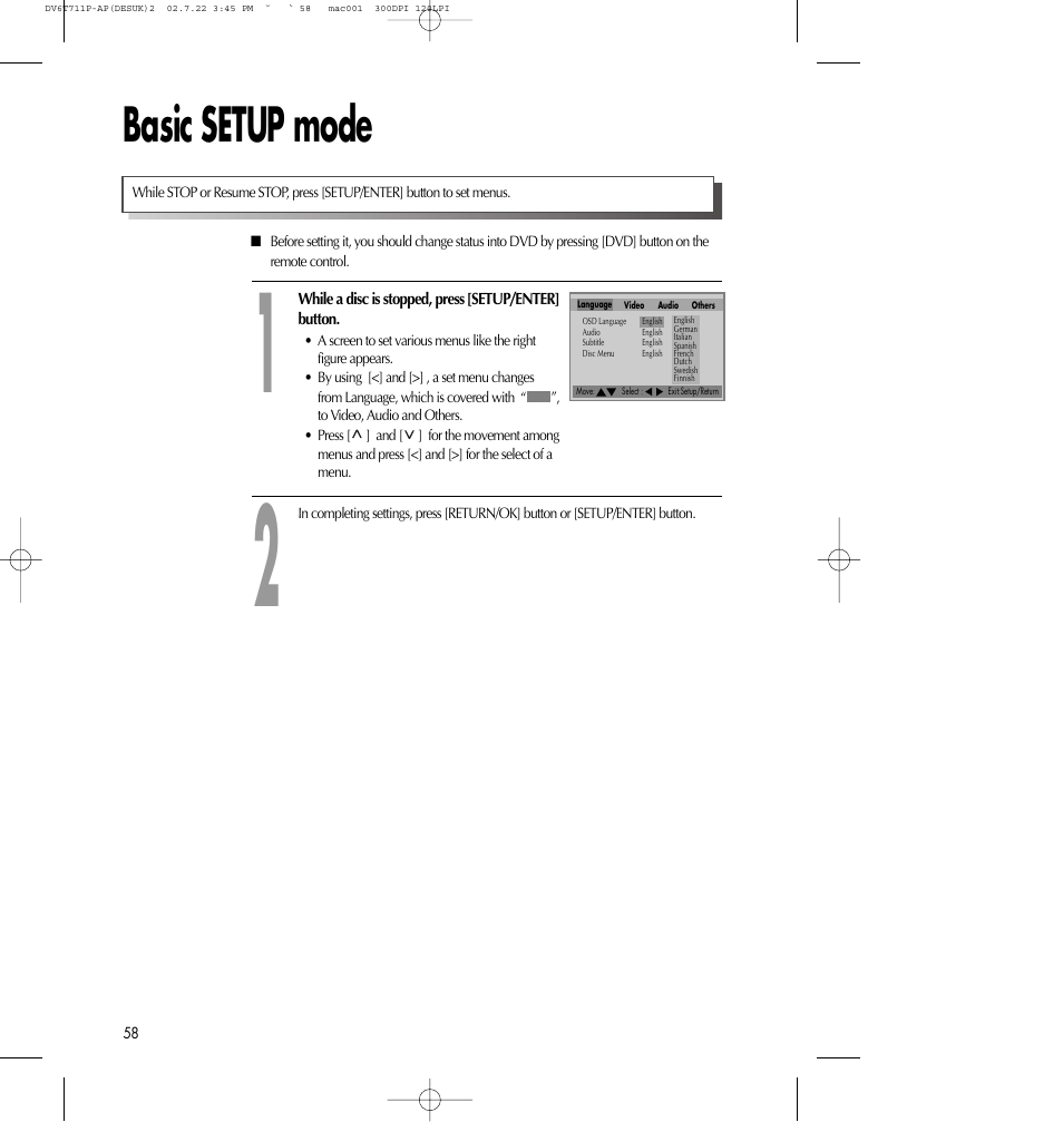 Basic setup mode | Daewoo SD-2100P User Manual | Page 59 / 78