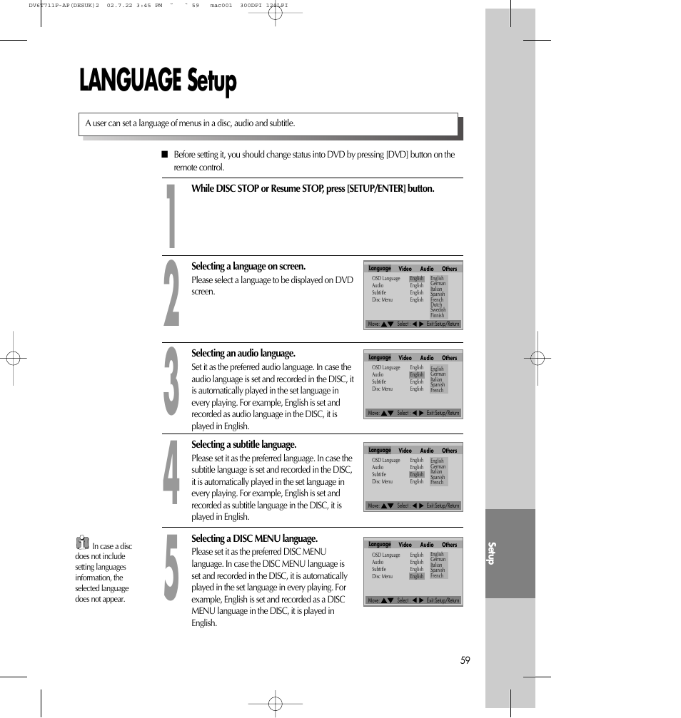 Language setup | Daewoo SD-2100P User Manual | Page 60 / 78