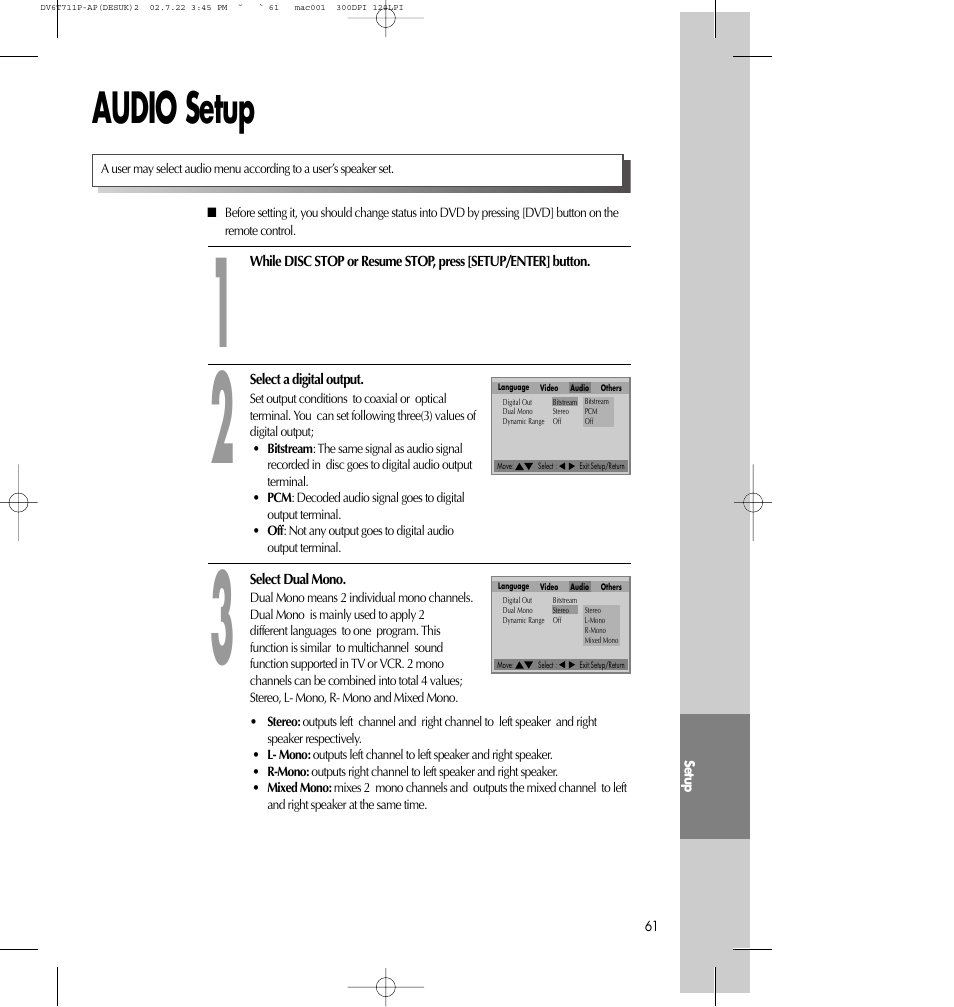 Audio setup | Daewoo SD-2100P User Manual | Page 62 / 78