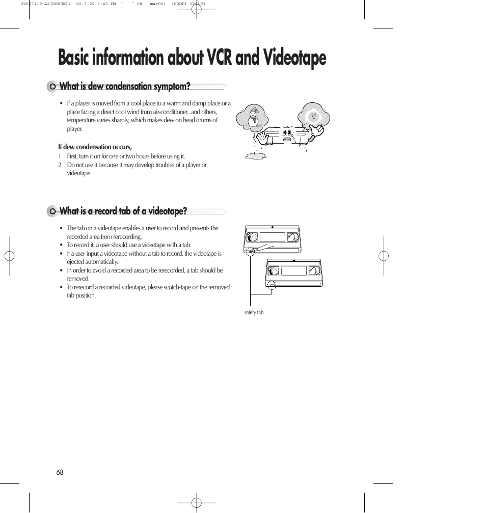 Basic information about vcr and videotape, What is dew condensation symptom, What is a record tab of a videotape | Daewoo SD-2100P User Manual | Page 69 / 78