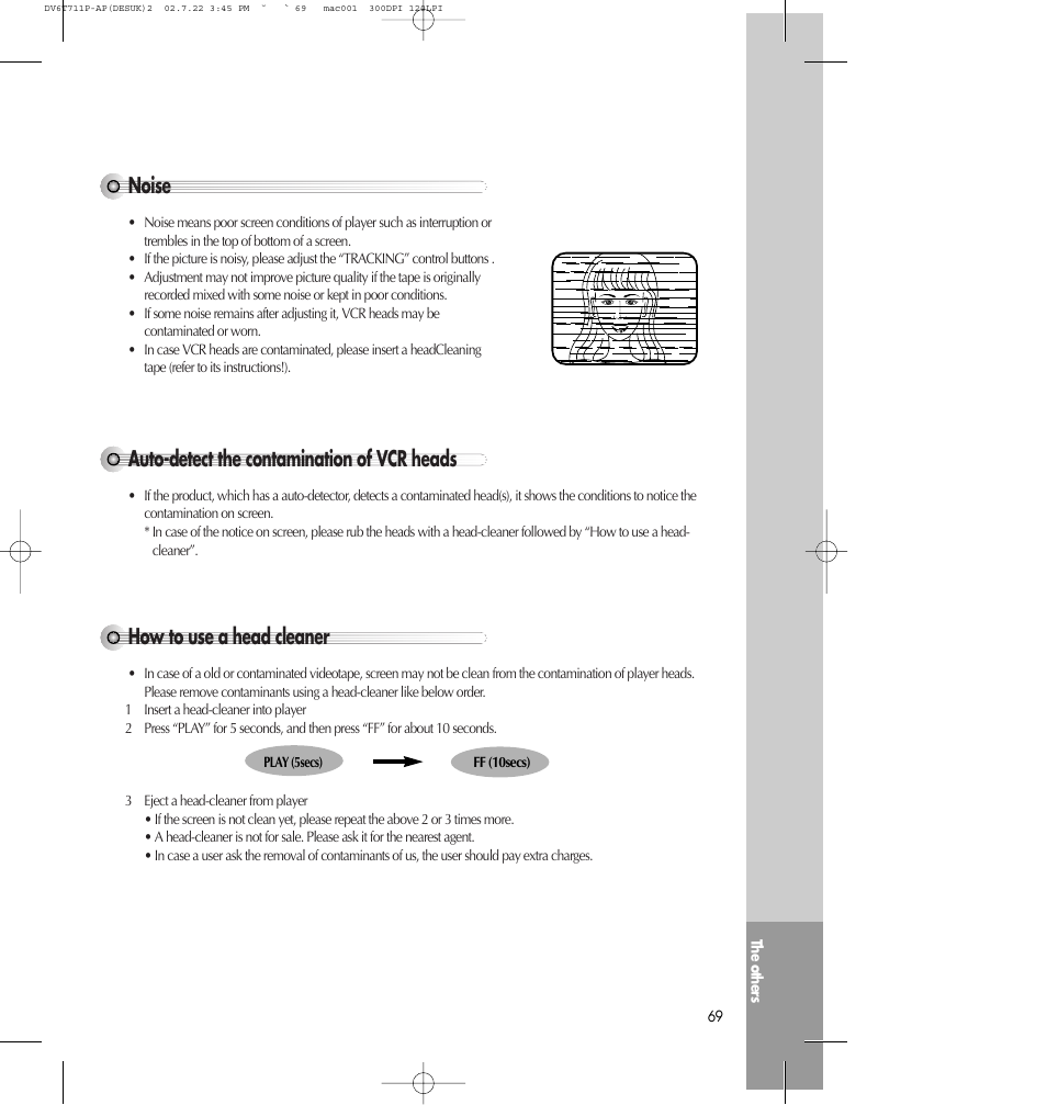 Noise, Auto-detect the contamination of vcr heads, How to use a head cleaner | Daewoo SD-2100P User Manual | Page 70 / 78