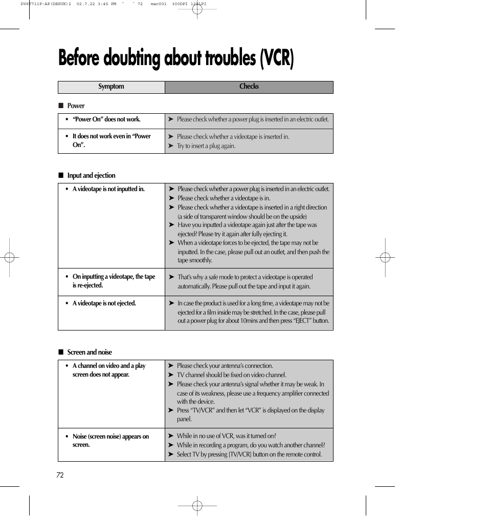 Before doubting about troubles (vcr) | Daewoo SD-2100P User Manual | Page 73 / 78