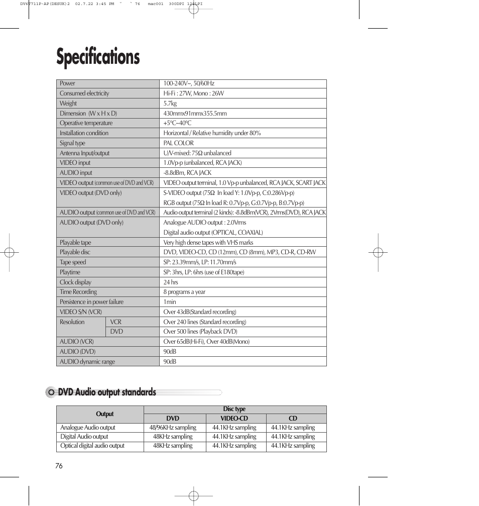 Specifications, Dvd audio output standards | Daewoo SD-2100P User Manual | Page 77 / 78